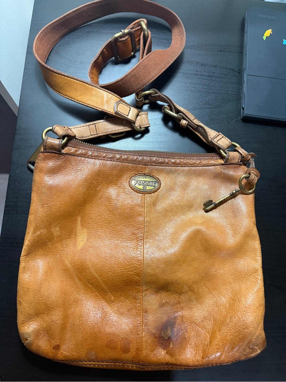 Fossil Tan Leather Crossbody Bag with Brass Key Charm